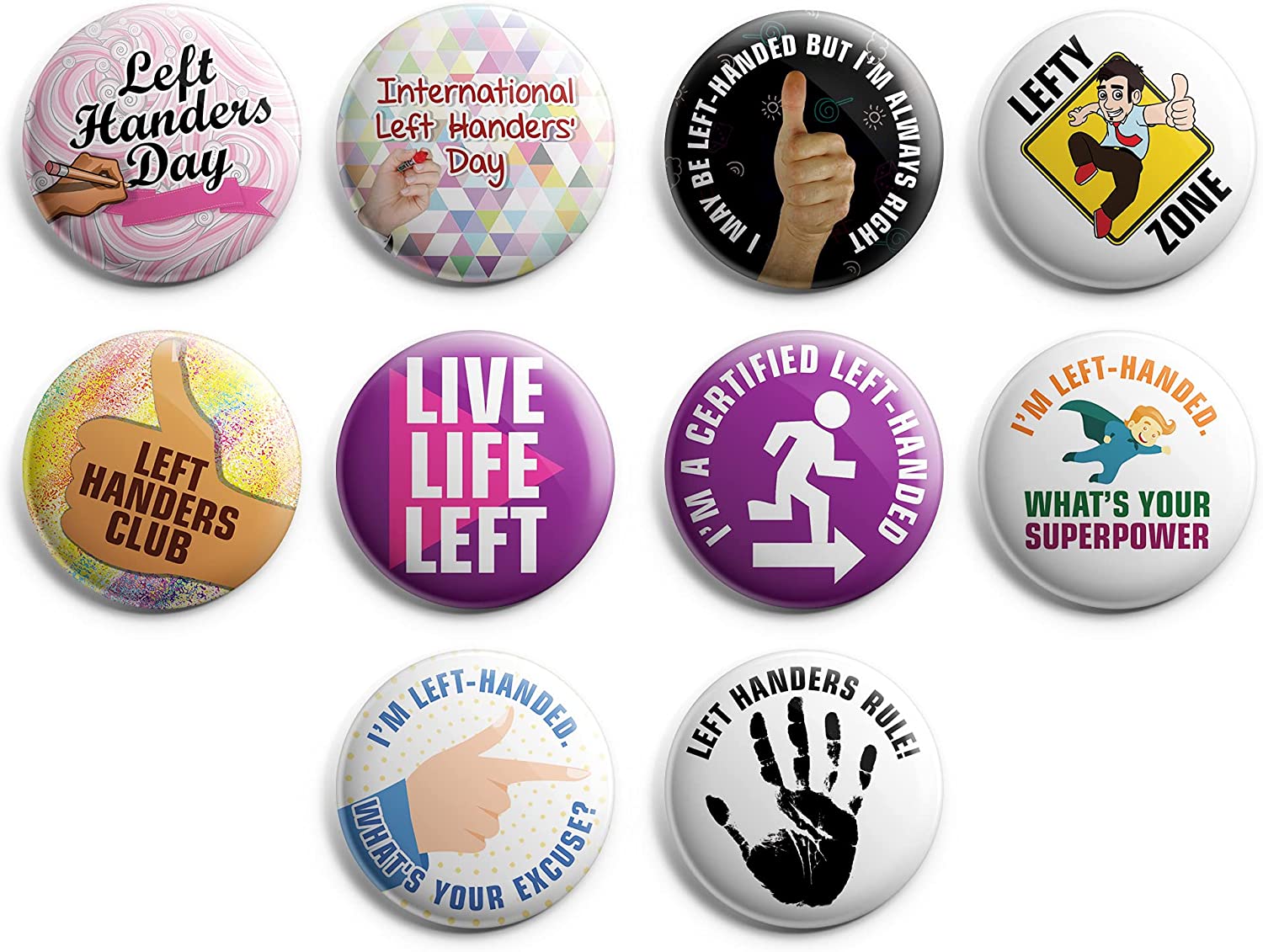Left Handed Pinback Buttons (1 Set x 10 Designs)