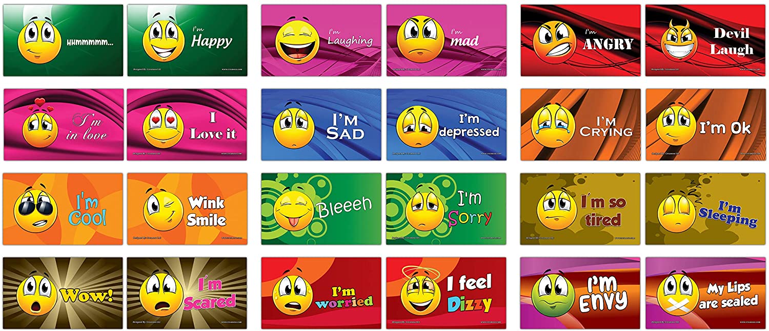 24 Commonly Use Emojis Learning Flash Cards (60-Pack - 12 cards front & back designs x 5 sets)