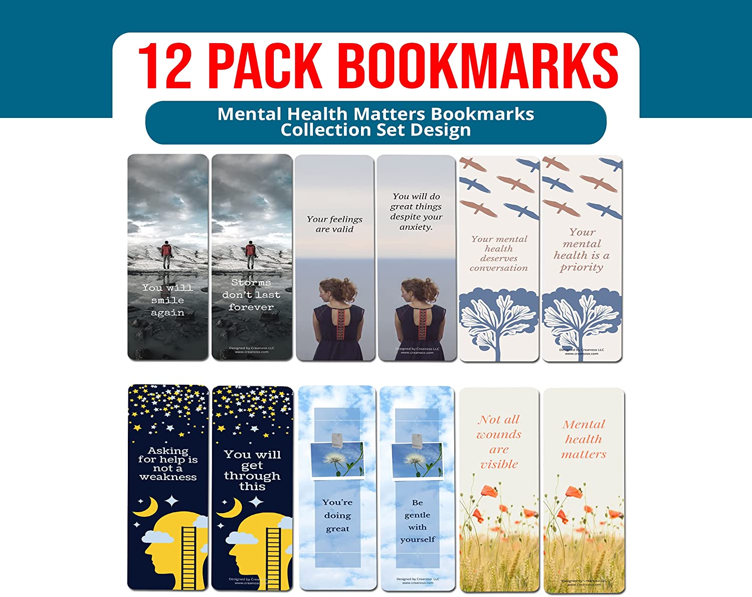 Creanoso Mental Health Matters Bookmarks (2-Sets X 6 Cards) â€“ Daily Inspirational Card Set â€“ Interesting Book Page Clippers â€“ Great Gifts for Adults and Teens