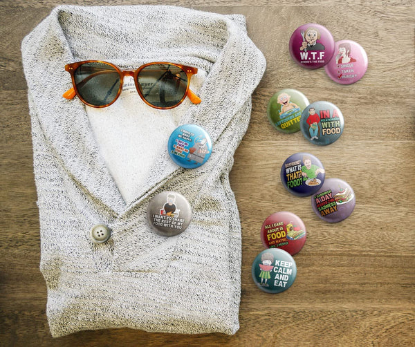 Creanoso Funny Food Saying Button Pins (1-Set X 10 Buttons) - Stocking Stuffers Premium Quality Gift Ideas for Children, Teens, & Adults - Corporate Giveaways & Party Favors