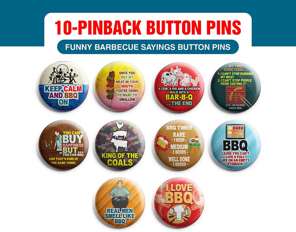 Creanoso Funny Barbecue Sayings Button Pins (1-Set X 10 Buttons) - Stocking Stuffers Premium Quality Gift Ideas for Children, Teens, & Adults - Corporate Giveaways & Party Favors