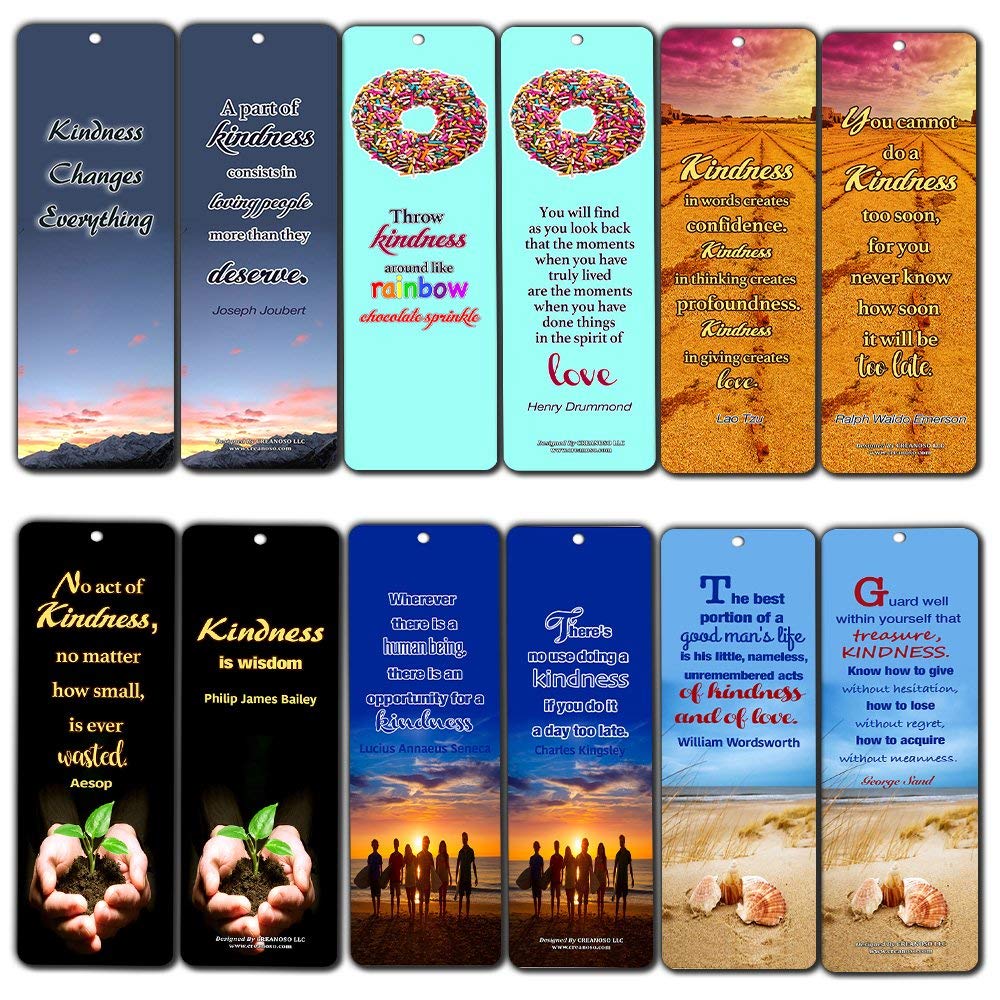 Creanoso Inspirational Bookmark Cards (60-Pack) - Kindness Quotes - Great Gift Ideas Set