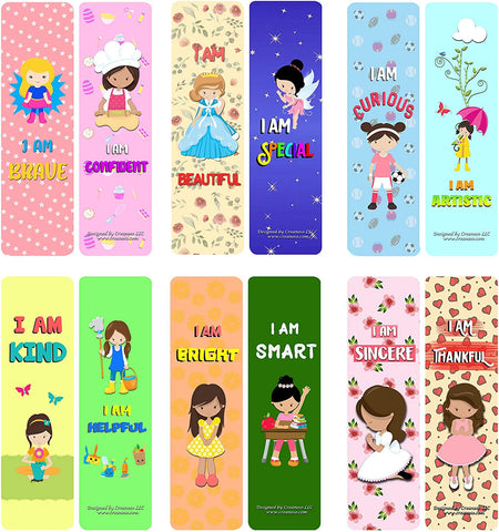 Creanoso Inspirational Cards Bookmarks for Girls - Confidence and Self Worth Building (30-Pack) - Six Bulk Assorted Card Designs â€“ Book Reading Giveaways