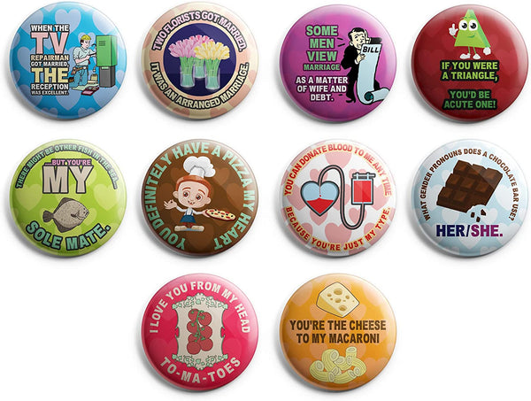 Creanoso Funny I love you couple puns for him and her Button Pins (1-Set X 10 Buttons) - Stocking Stuffers Premium Quality Gift Ideas for Children, Teens, & Adults - Corporate Giveaways & Party Favors