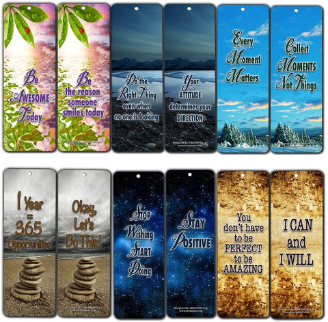 Creanoso Inspiring Positive Mindset Bookmark (12-Pack) Ã¢â‚¬â€œ Awesome Inspirational Bookmarks for Men, Women, Teens Ã¢â‚¬â€œ Six Bulk Assorted Bookmarks Designs Ã¢â‚¬â€œ Great Stocking Stuffers Gift Book Clipper Cards