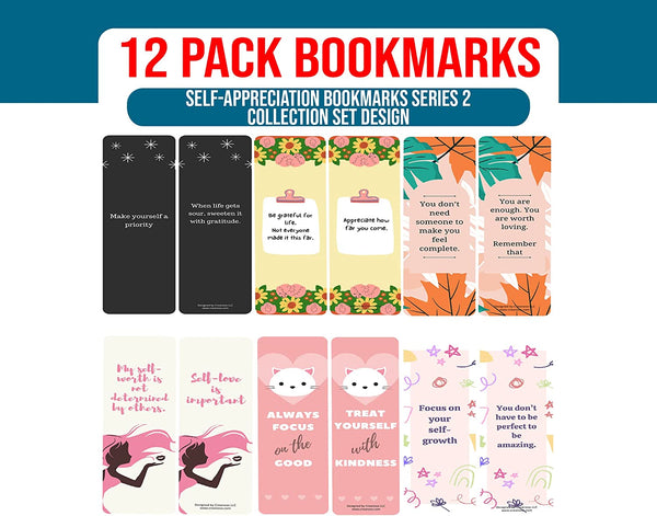 Creanoso Self-Appreciation Bookmarks Series 2 (2-Sets X 6 Cards) â€“ Daily Inspirational Card Set â€“ Interesting Book Page Clippers â€“ Great Gifts for Adults and Teens