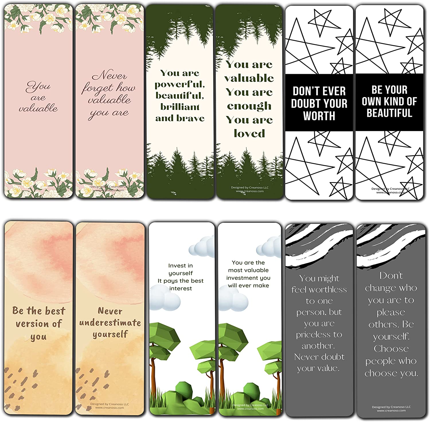 Creanoso You are Valuable Bookmarks (5-Sets X 6 Cards) â€“ Daily Inspirational Card Set â€“ Interesting Book Page Clippers â€“ Great Gifts for Adults and Teens