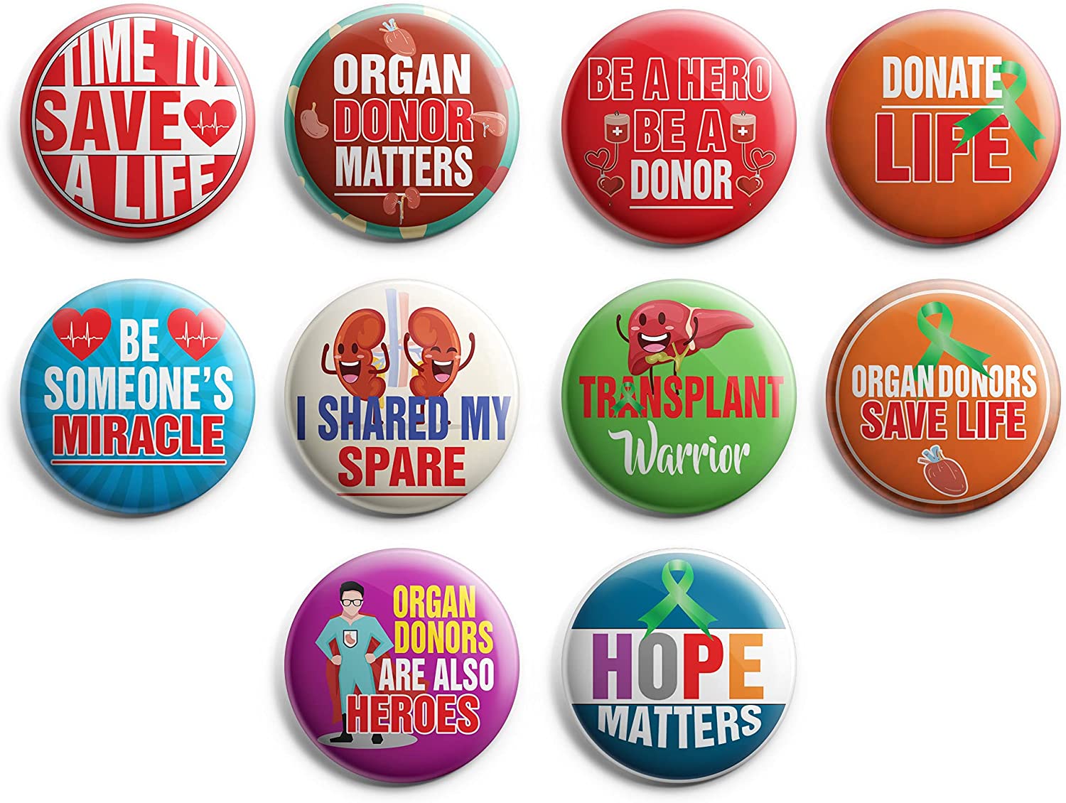 Organ Donor Pinback Buttons (1 Set x 10 Designs)