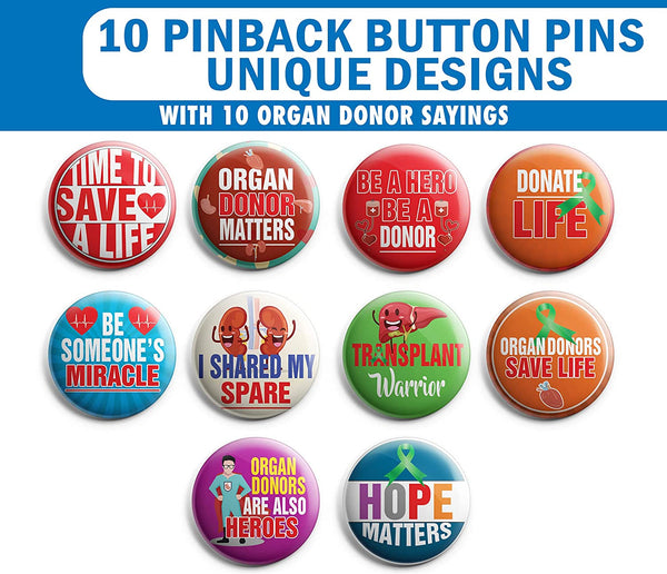 Organ Donor Pinback Buttons (1 Set x 10 Designs)