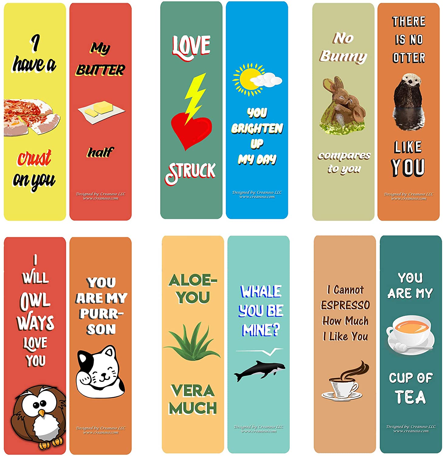Creanoso Love Puns Bookmarks (60-Pack) ÃƒÂ¢Ã¢â€šÂ¬Ã¢â‚¬Å“ Six Assorted Quality Bookmarker Cards Bulk Set ÃƒÂ¢Ã¢â€šÂ¬Ã¢â‚¬Å“ Premium Gift for Bibliophiles, Bookworms, Book Readers, Men & Women, Adults ÃƒÂ¢Ã¢â€šÂ¬Ã¢â‚¬Å“ Corporate Giveaways