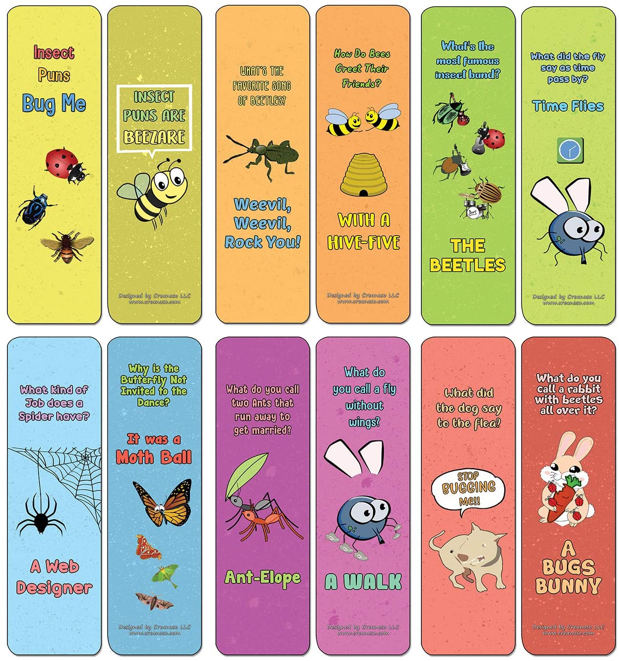 Creanoso Insect Puns Silly Hilarious Bookmarks Cards (60-Pack) - Premium Quality Gift Ideas for Children, Teens, & Adults for All Occasions - Stocking Stuffers Party Favor & Giveaways