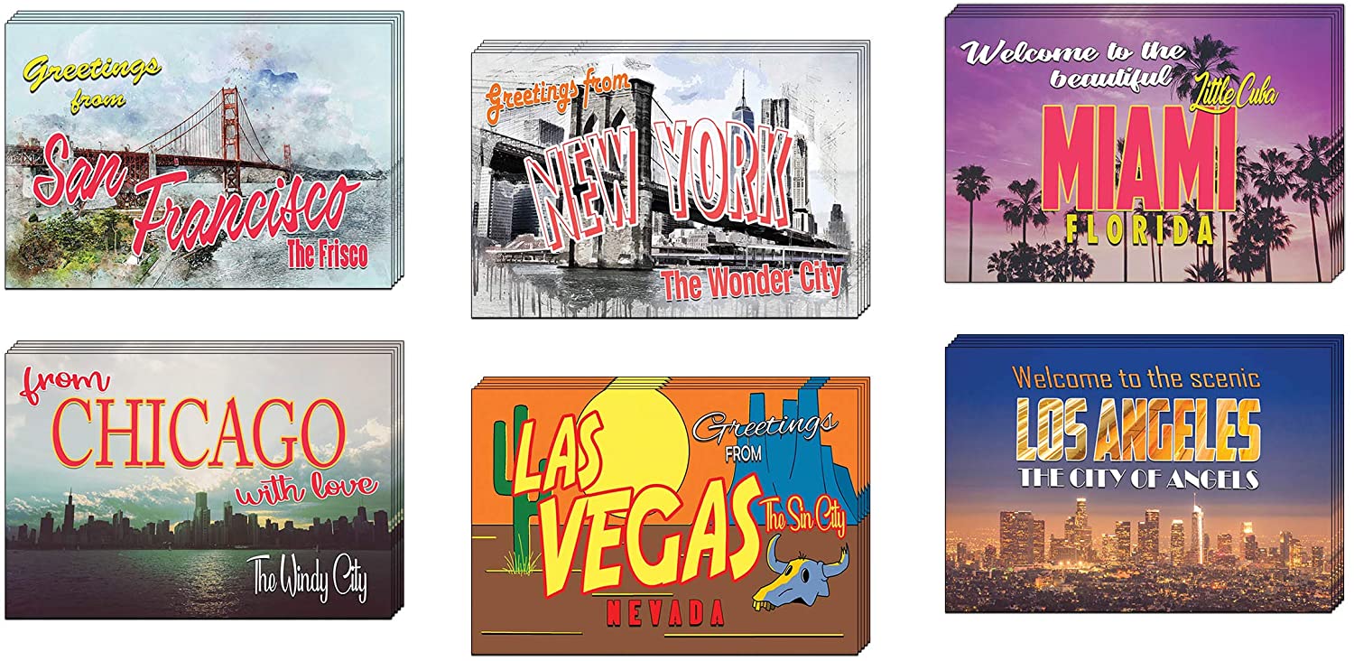 Creanoso Colorful Great US Cities Travel Postcards (30-Pack) â€“ 6 US Cities Greeting Card Designs - Premium Gift Cards Set for Men, Women, Teens, Tourists, Travelers â€“ Great Stocking Stuffers Gift