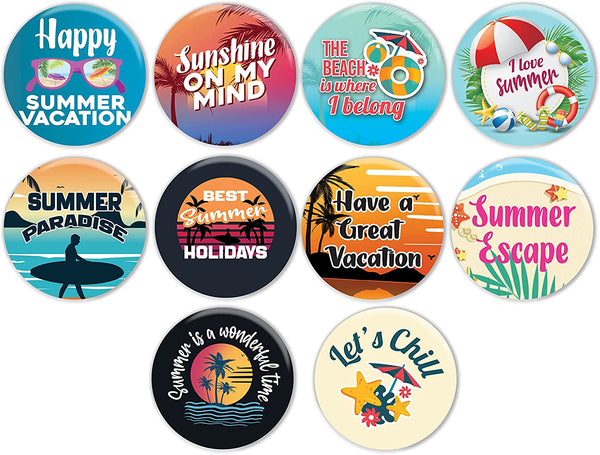 Creanoso Summer Vacation Pinback Button (1-Set X 10 Buttons) - Stocking Stuffers Premium Quality Gift Ideas for Children, Teens, & Adults - Corporate Giveaways & Party Favors