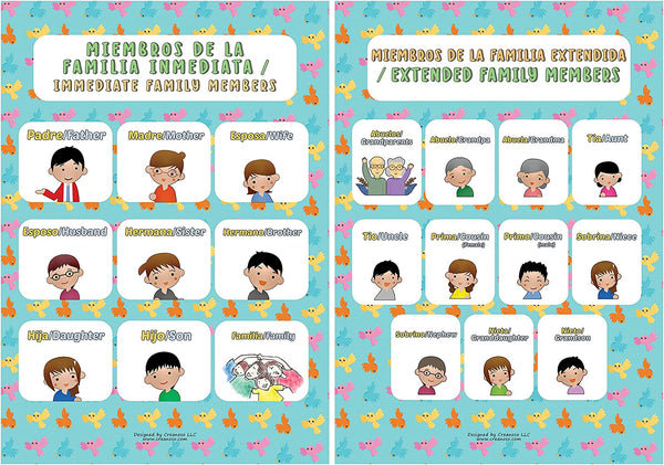 Spanish English Bilingual Family Topic Educational Learning Posters (1 Set X 12 Designs)