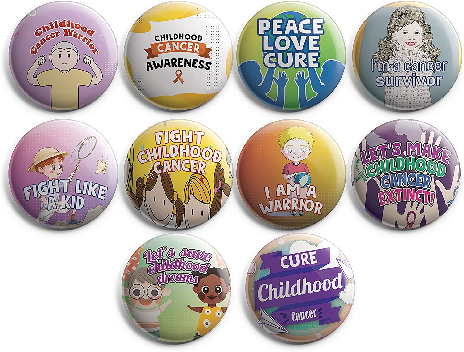 Childhood Cancer Awareness Pinback Buttons (1 Set x 10 Designs)