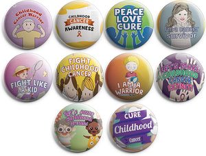 Childhood Cancer Awareness Pinback Buttons (1 Set x 10 Designs)