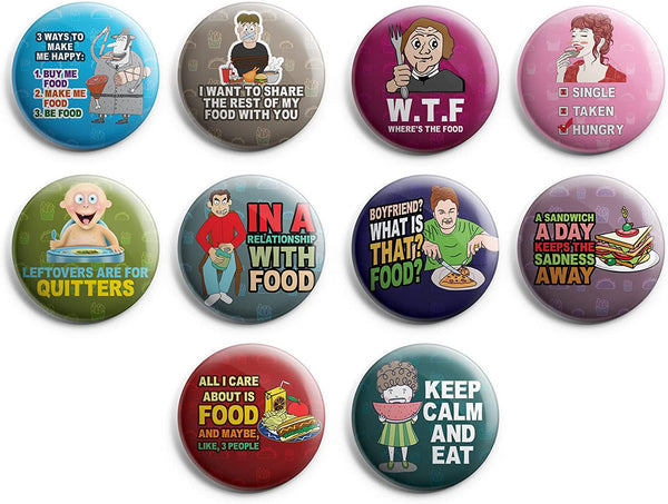 Creanoso Funny Food Saying Button Pins (1-Set X 10 Buttons) - Stocking Stuffers Premium Quality Gift Ideas for Children, Teens, & Adults - Corporate Giveaways & Party Favors