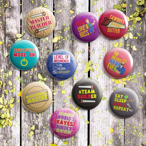 Creanoso I am a Builder Pinback Buttons (1 Set x 10 Buttons) - Stocking Stuffers Premium Quality Gift Ideas for Children, Teens, & Adults - Corporate Giveaways & Party Favors