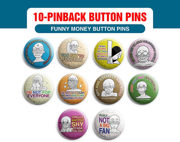 Creanoso Funny Shy Button Pins (1-Set X 10 Buttons) - Stocking Stuffers Premium Quality Gift Ideas for Children, Teens, & Adults - Corporate Giveaways & Party Favors