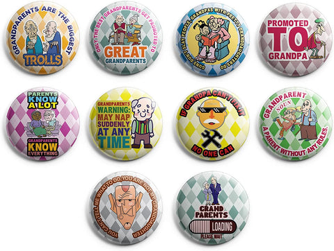 Creanoso Funny Grandparents Button Pins (1-Set X 10 Buttons) - Stocking Stuffers Premium Quality Gift Ideas for Children, Teens, & Adults - Corporate Giveaways & Party Favors
