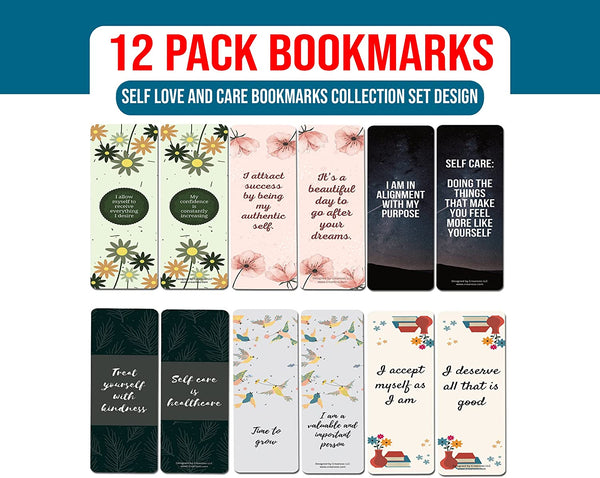 Creanoso Self-Love and Care Bookmarks Series 1 (2-Sets X 6 Cards) â€“ Daily Inspirational Card Set â€“ Interesting Book Page Clippers â€“ Great Gifts for Adults and Teens
