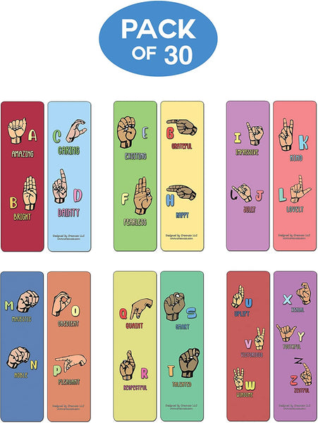 Creanoso Hand signs Alphabet Bookmarks (30-Pack) - Assorted Designs for Children - Classroom Reward Incentives for Students - Stocking Stuffers Party Favors & Giveaways for Teens & Adults