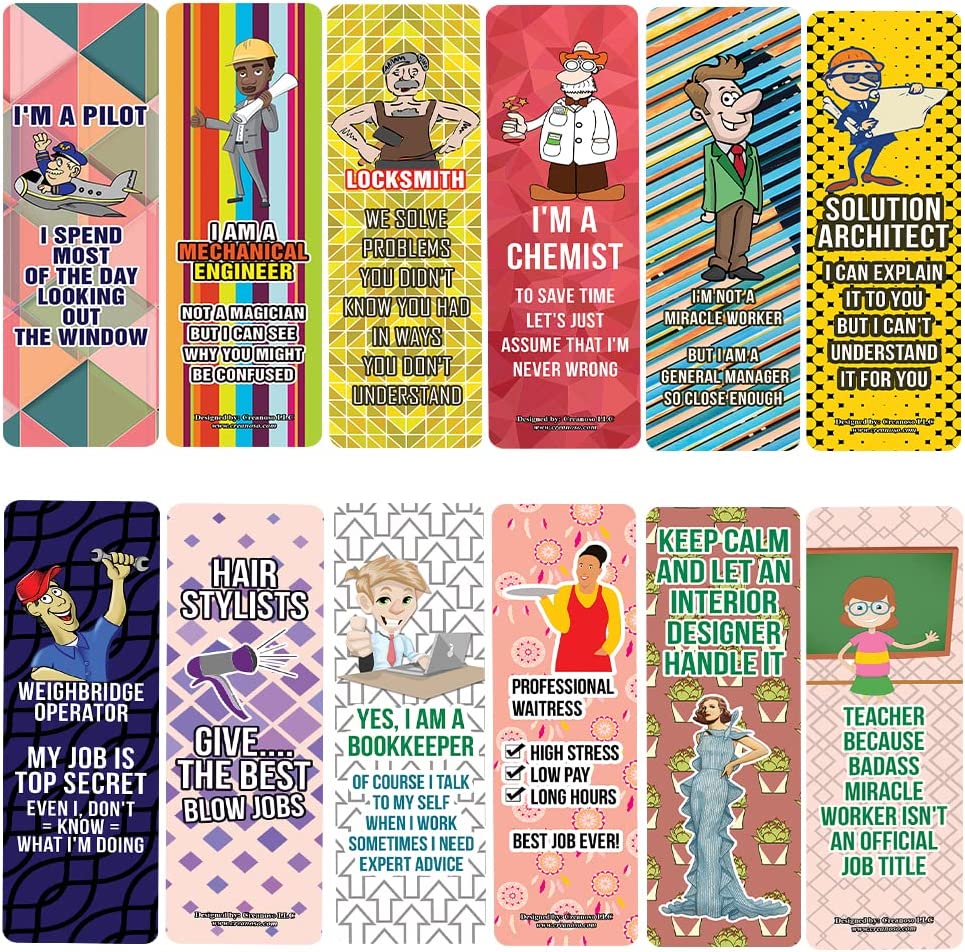 Creanoso Funny Profession Job Bookmarks (10-Sets X 6 Cards) â€“ Daily Inspirational Card Set â€“ Interesting Book Page Clippers â€“ Great Gifts for Adults and Teens