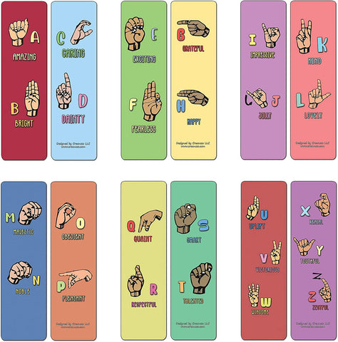 Creanoso Hand signs Alphabet Bookmarks (30-Pack) - Assorted Designs for Children - Classroom Reward Incentives for Students - Stocking Stuffers Party Favors & Giveaways for Teens & Adults
