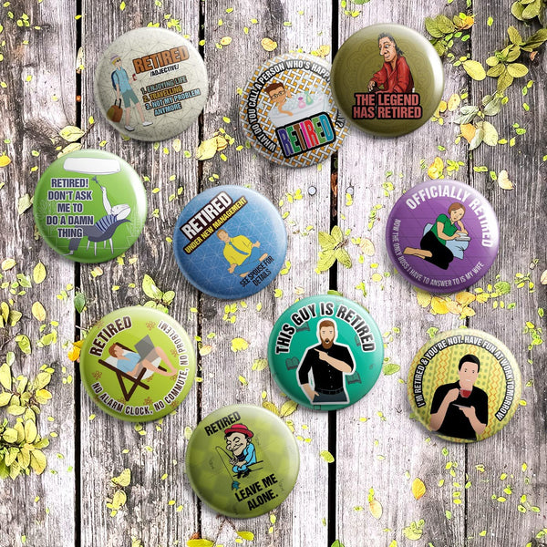 Creanoso Funny Retired Pinback Buttons (1-Set X 10 Buttons) - Stocking Stuffers Premium Quality Gift Ideas for Children, Teens, & Adults - Corporate Giveaways & Party Favors