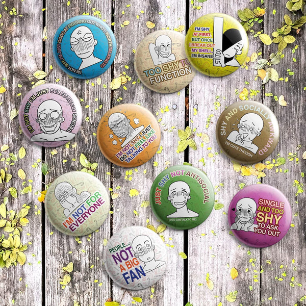 Creanoso Funny Shy Button Pins (1-Set X 10 Buttons) - Stocking Stuffers Premium Quality Gift Ideas for Children, Teens, & Adults - Corporate Giveaways & Party Favors