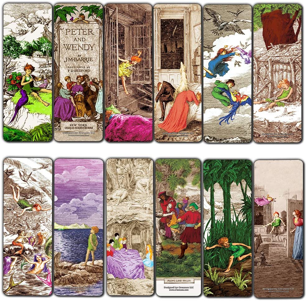 Creanoso Fairy Tales Peter and Wendy Bookmarks (30-Pack) - Landscape Woodblock Print Stocking Stuffers Gift for Men & Women, Teens - Unique Bookmark Collection Ã¢â‚¬â€œ Inspiring Art Impressions Book Binder