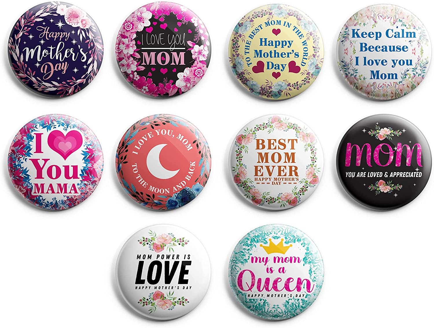Happy Mothers Day Pinback Button Pins (1-Set X 10 Buttons)