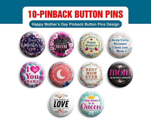 Happy Mothers Day Pinback Button Pins (1-Set X 10 Buttons)
