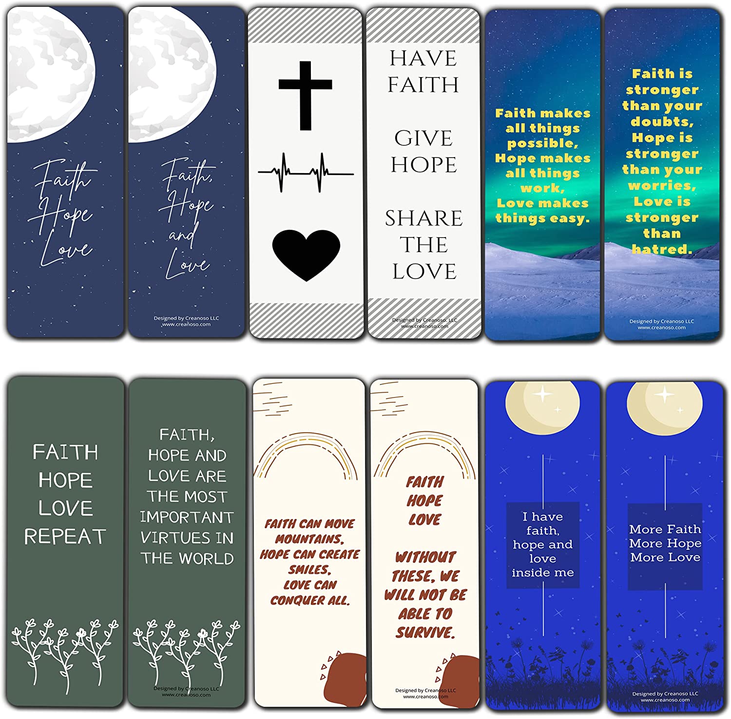Creanoso Faith, Hope and Love Bookmarks (2-Sets X 6 Cards) â€“ Daily Inspirational Card Set â€“ Interesting Book Page Clippers â€“ Great Gifts for Adults and Teens