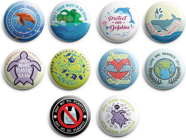 Protect Our Environment Pin Back Buttons - Save Our Ocean Sea Life (10 Pack)