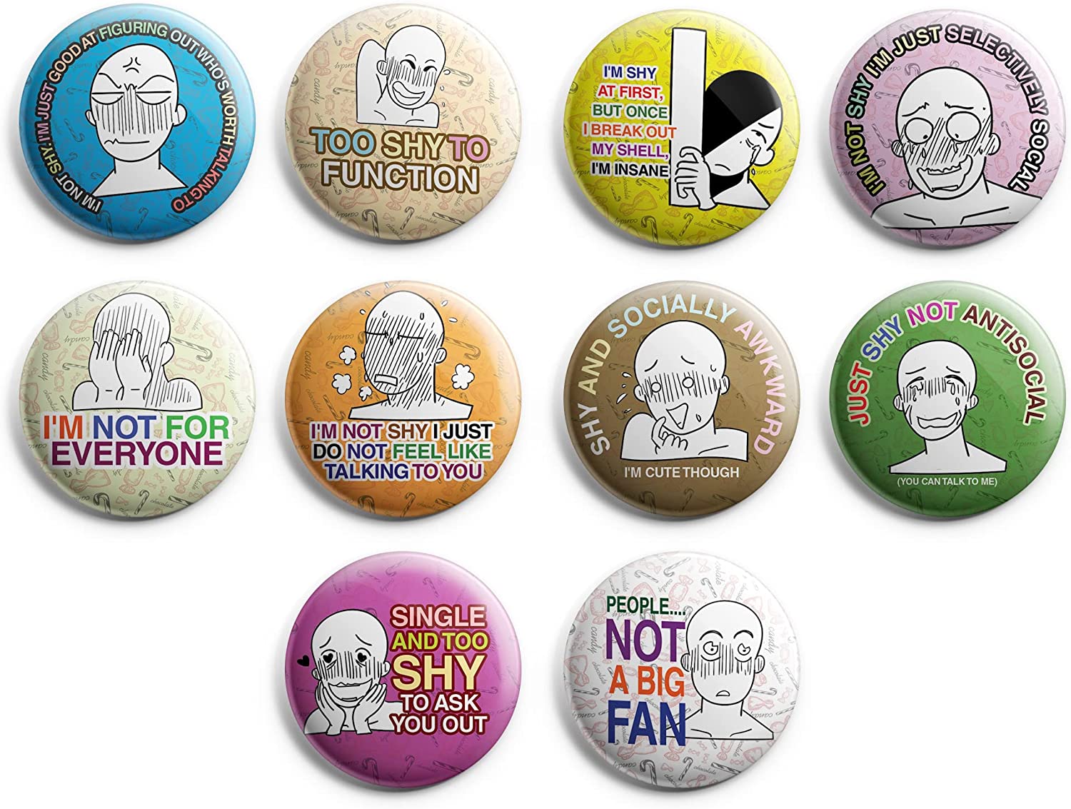 Creanoso Funny Shy Button Pins (1-Set X 10 Buttons) - Stocking Stuffers Premium Quality Gift Ideas for Children, Teens, & Adults - Corporate Giveaways & Party Favors