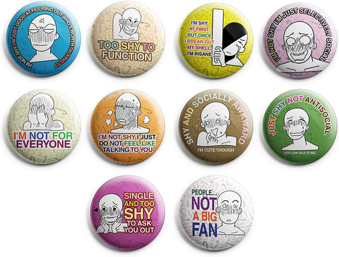 Creanoso Funny Shy Button Pins (1-Set X 10 Buttons) - Stocking Stuffers Premium Quality Gift Ideas for Children, Teens, & Adults - Corporate Giveaways & Party Favors