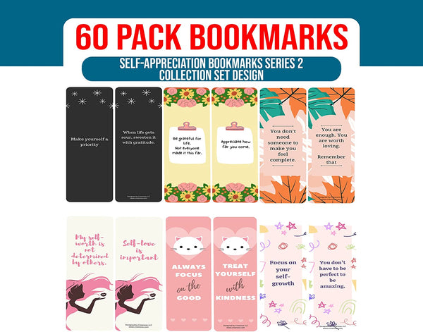 Creanoso Self-Appreciation Bookmarks Series 2 (10-Sets X 6 Cards) â€“ Daily Inspirational Card Set â€“ Interesting Book Page Clippers â€“ Great Gifts for Adults and Teens