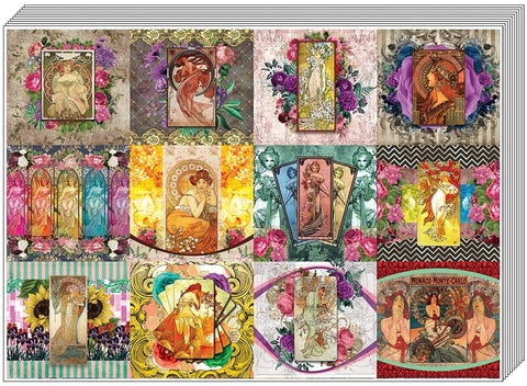 Creanoso Alphonse Mucha Art Stickers (5-Sheet) â€“ Total 60 pcs (5 X 12pcs) Individual Small Size 2.1" x 2", Unique Personalized Themes Designs, Flat Surface DIY Decoration Art Decal for Children