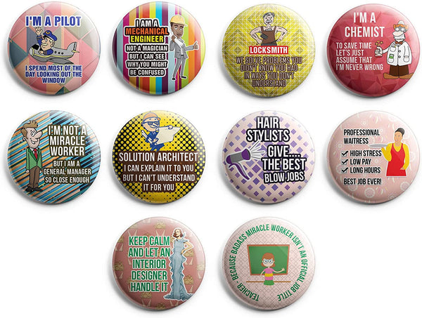 Creanoso Funny Profession Job Button Pins (1-Set X 10 Buttons) - Stocking Stuffers Premium Quality Gift Ideas for Children, Teens, & Adults - Corporate Giveaways & Party Favors