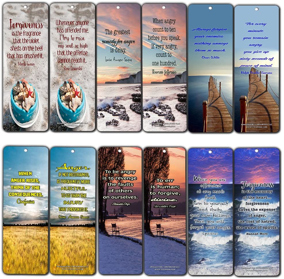 Creanoso Inspirational Bookmarks for Anger Management & Forgiveness Quotes (12-Pack) - Positive Encouragement for Anger Issues Bookmarker - Best Quality Sets