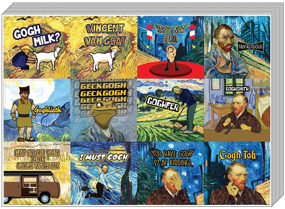 Creanoso Funny Stickers - Obsessed with Van Gogh Stickers Series 3 (5-Sheet) â€“ Total 60 pcs (5 X 12pcs) Individual Small Size 2.1" x 2", Unique Themes Designs, Flat Surface DIY Art Decal for Children