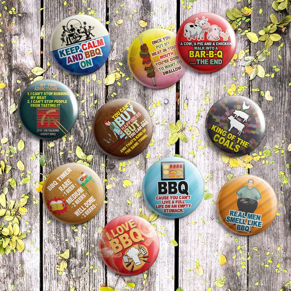 Creanoso Funny Barbecue Sayings Button Pins (1-Set X 10 Buttons) - Stocking Stuffers Premium Quality Gift Ideas for Children, Teens, & Adults - Corporate Giveaways & Party Favors