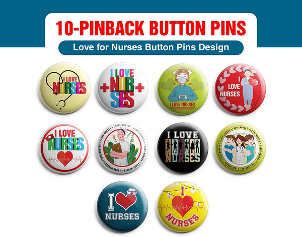 I love Nurses Pinback Buttons (10 Pack) - Large 2.25" Boys and Girls Cute Designs Button pins ASIN:B08THDVFQ1