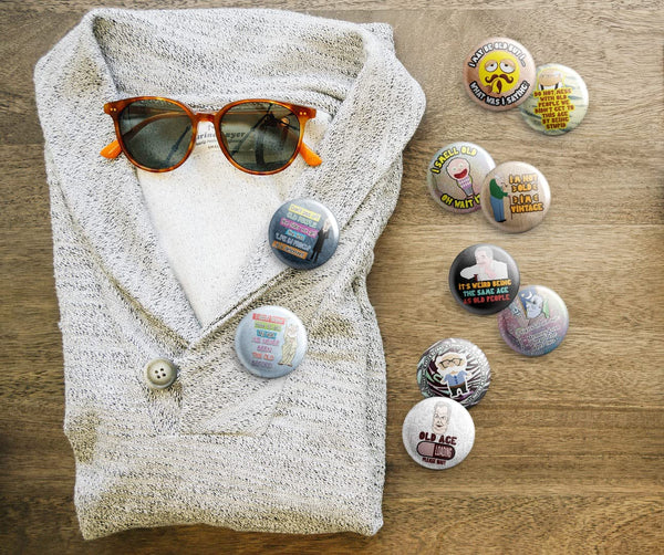 Creanoso Funny Old Age Button Pins (1-Set X 10 Buttons) - Stocking Stuffers Premium Quality Gift Ideas for Children, Teens, & Adults - Corporate Giveaways & Party Favors