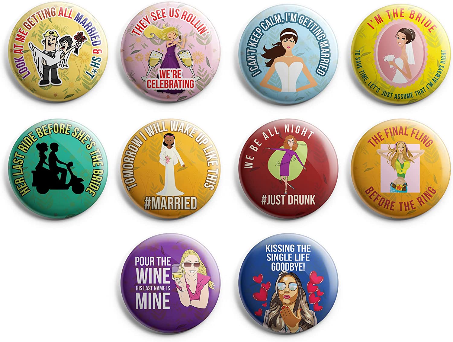 Creanoso Funny Bridal Shower Button Pins (1-Set X 10 Buttons) - Stocking Stuffers Premium Quality Gift Ideas for Children, Teens, & Adults - Corporate Giveaways & Party Favors