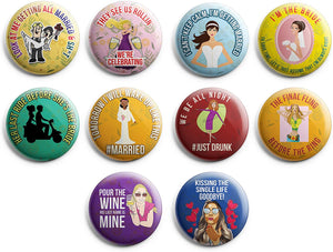 Creanoso Funny Bridal Shower Button Pins (1-Set X 10 Buttons) - Stocking Stuffers Premium Quality Gift Ideas for Children, Teens, & Adults - Corporate Giveaways & Party Favors