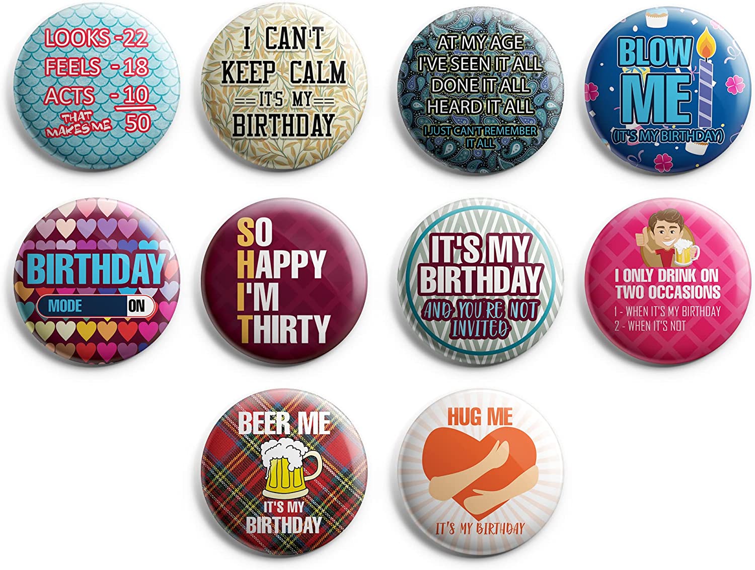Creanoso Funny Birthday Button Pins (1-Set X 10 Buttons) - Stocking Stuffers Premium Quality Gift Ideas for Children, Teens, & Adults - Corporate Giveaways & Party Favors
