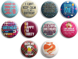 Creanoso Funny Birthday Button Pins (1-Set X 10 Buttons) - Stocking Stuffers Premium Quality Gift Ideas for Children, Teens, & Adults - Corporate Giveaways & Party Favors
