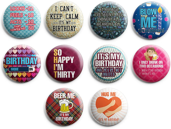 Creanoso Funny Birthday Button Pins (1-Set X 10 Buttons) - Stocking Stuffers Premium Quality Gift Ideas for Children, Teens, & Adults - Corporate Giveaways & Party Favors